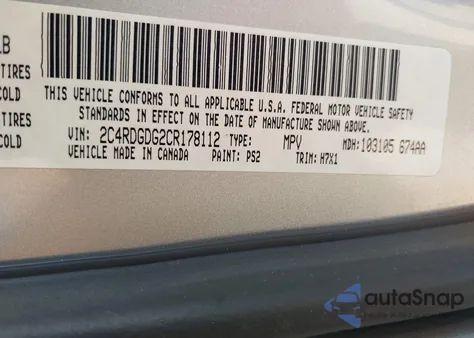 2012 Dodge Grand Caravan Crew z USA, uszkodzony, nr VIN 2C4RDGDG2CR178112